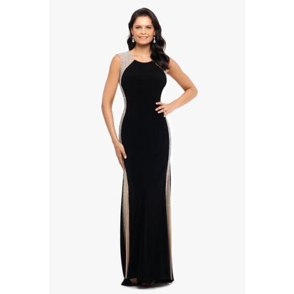 XSCAPE Madison" Long Jersey Knit Caviar Beaded Sides Dress Black Size 16 NWT - Picture 1 of 9